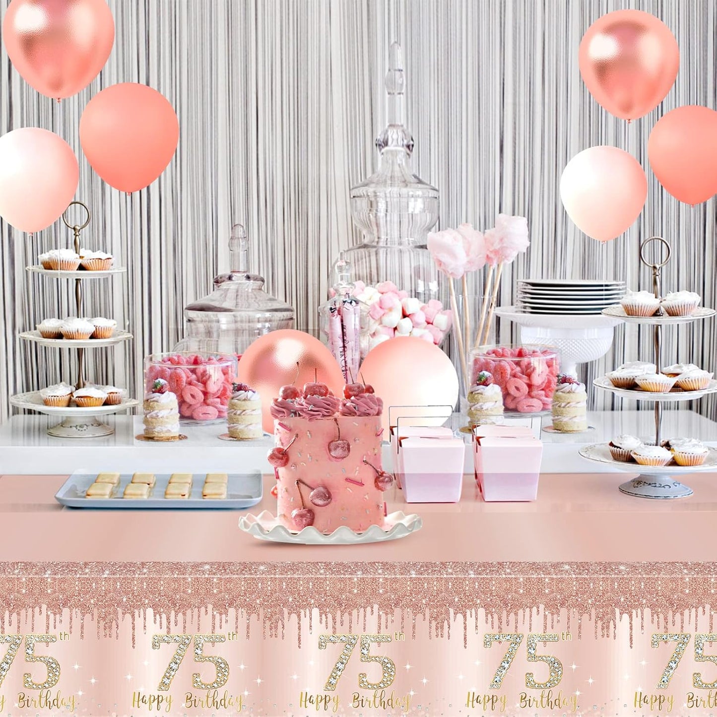 3 Pack Pink Rose Gold 75th Birthday Tablecloth Decorations - Plastic Disposable Rectangular Table Cover for Party Supplies