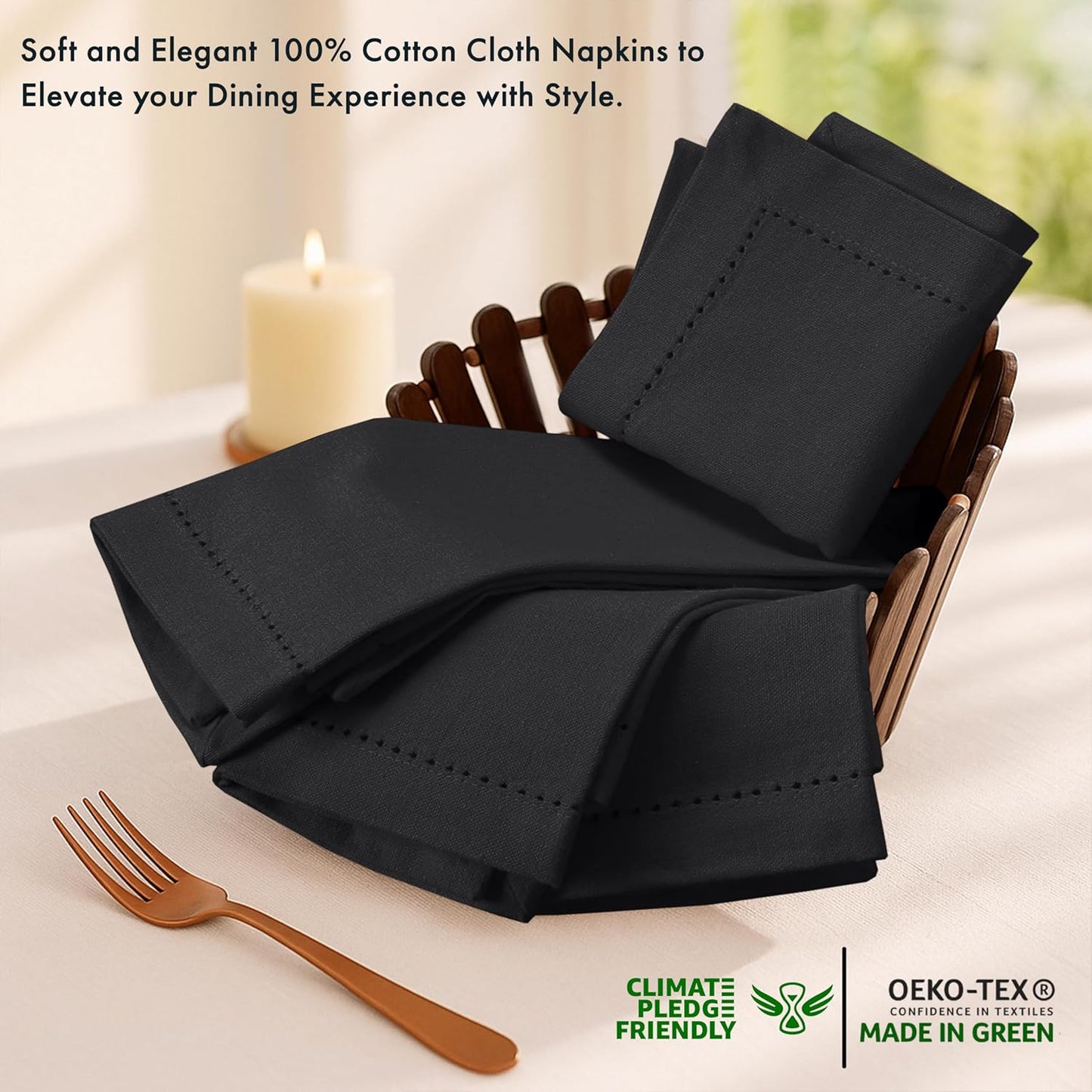 Ruvanti Cloth Napkins - 100% Cotton Dinner Napkins, Hem Stitched Corners, 18x18 Inch, 12 Pack - Soft, Absorbent, Durable, Reusable, Wrinkle Resistant for Formal Dining & Everyday Use - Black Beauty