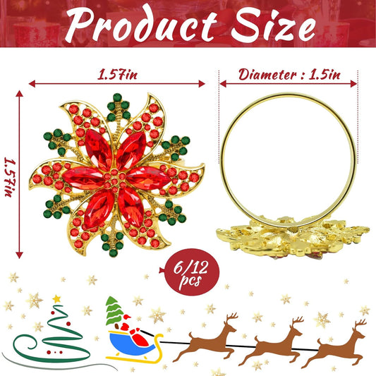 Legigo Set of 6 Christmas Flower Napkin Rings Set- Metal Xmas Napkin Ring Holders for Cloth Napkins, Christmas Holiday Party Dinner Table Decoration