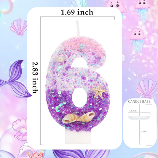 Purple Mermaid Party Number 6 Cake Candles, 2.76 inch Birthday Candle, Cake Topper Decoration for Birthday Party (Number 6)