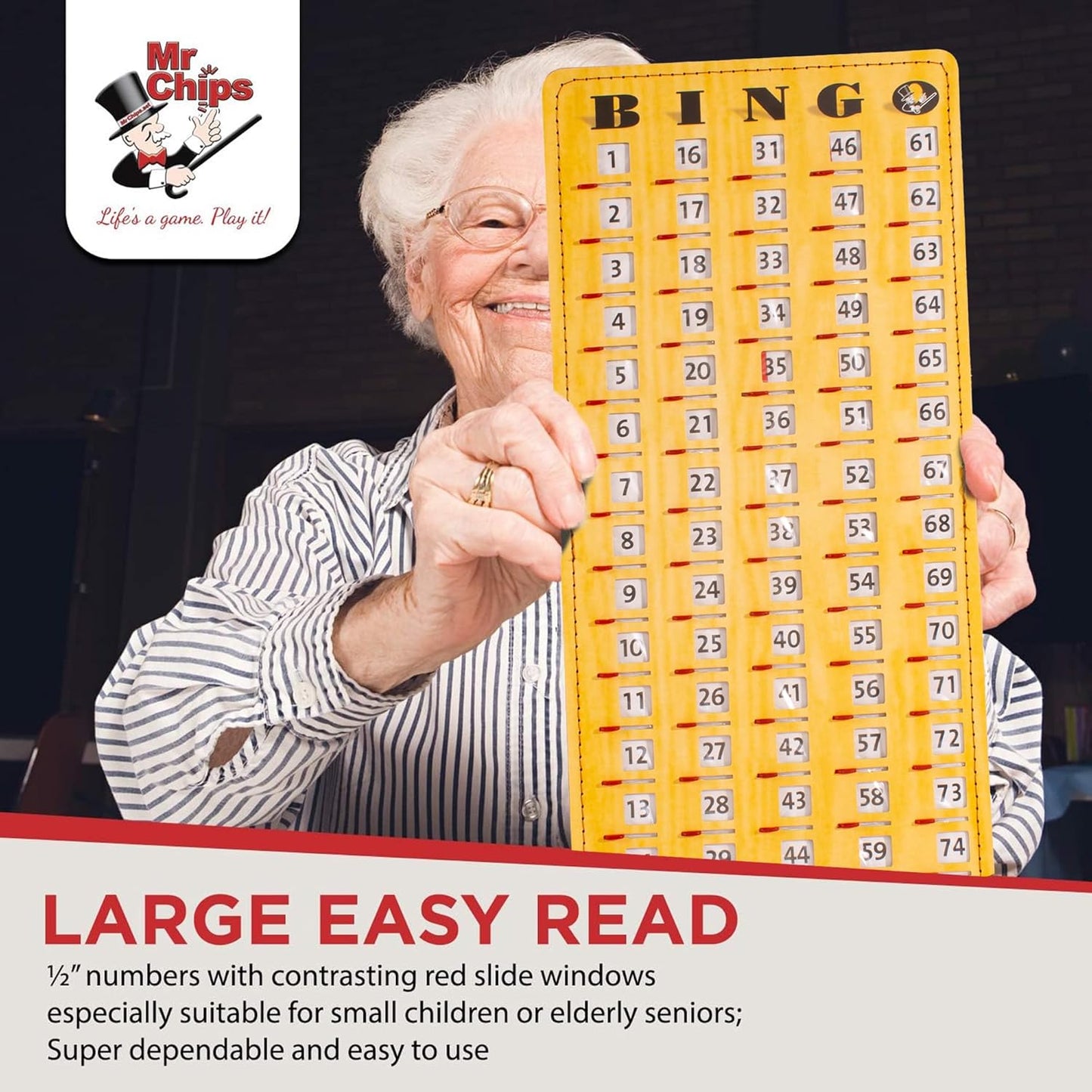 MR CHIPS Jam-Proof Finger Tip Master Bingo Card with Sliding Windows Large Cardboard Calling Cards Woodgrain Style