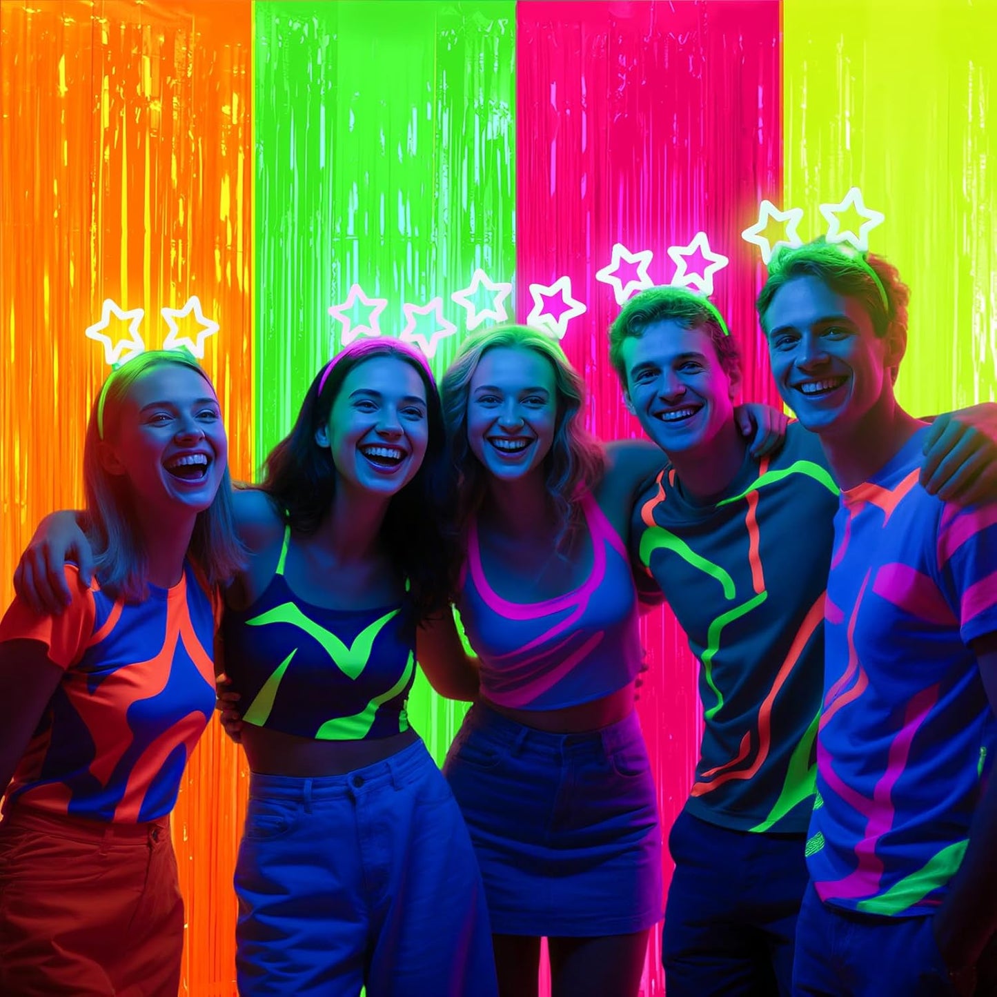 ADLKGG Glow in The Dark Party Supplies, 4Pcs Neon Party Decorations, Fluorescent Green Orange Yellow Fuchsia Foil Fringe Curtains Backdrop for Birthday Halloween Pool Photo Booth Prop