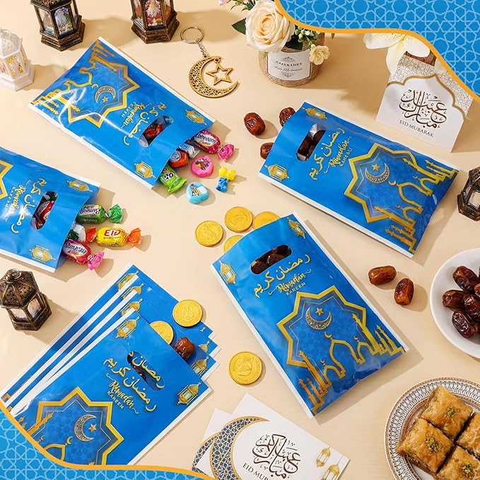 Supervitae 100 Pieces Ramadan Kareem Plastic Gift Bags Bulk Eid Mubarak Treat Candy Goodie Bags with Churches Star and Moon for Muslim Eid Party Favors Supplies