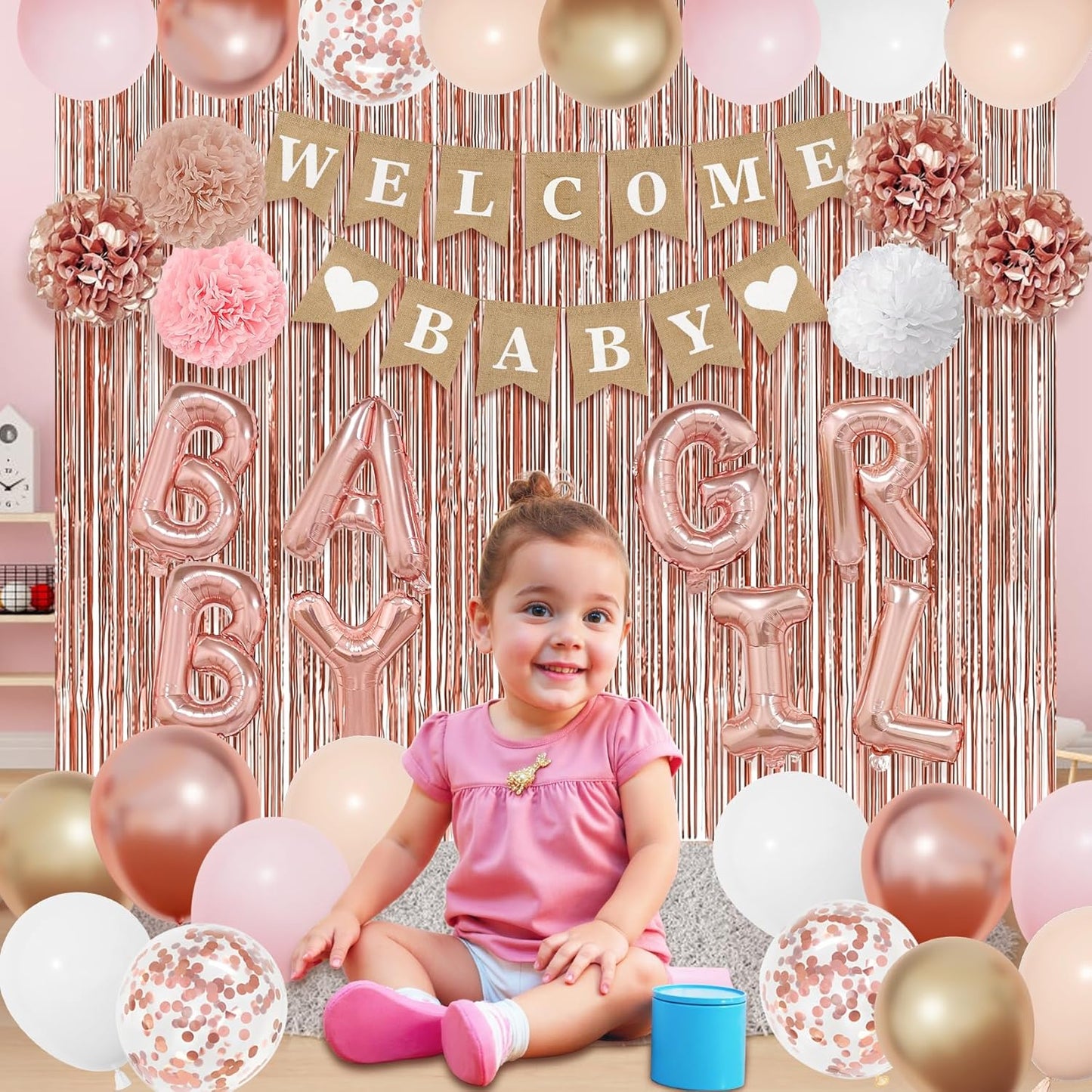 Ouddy Party Rose Gold Baby Shower Decorations for Girl with Welcome Baby Banner Baby Girls Rose Gold Pink Gold White Foil Balloons Fringe Curtains Paper Pom Poms for Baby Shower Reveal Party Supplies