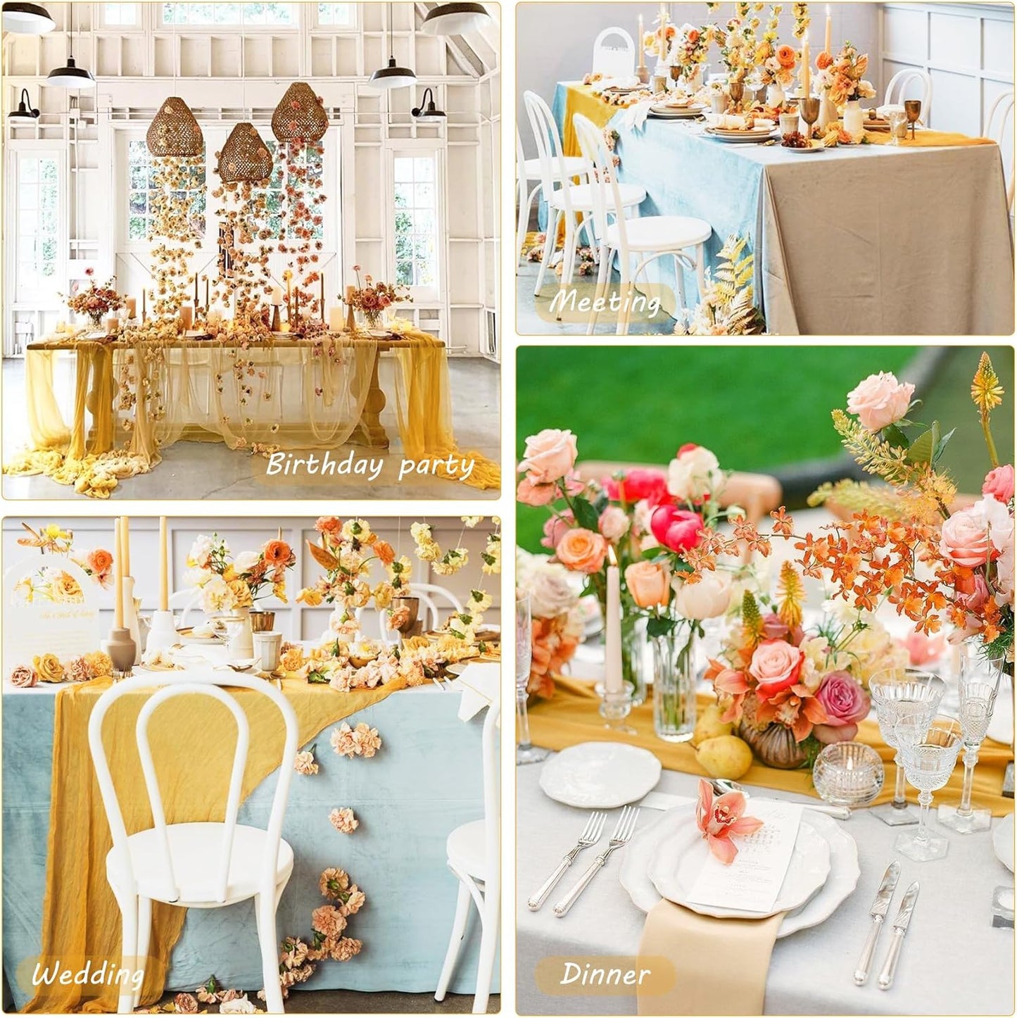 12 Pack 10Ft Cheesecloth Table Runner 35x120 Inch Boho Gauze Table Runner Rustic Cheese Cloth Long Romantic Table Runners for Wedding Bridal Shower Birthday Party Table Decor (Mustard)