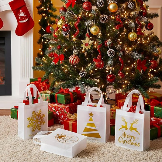 Wesnoy 24 Pcs Christmas Gift Bags Bulk 10 x 8 x 4 Inch Christmas White Gold Non Woven Party Favors Goodies Candy Bags with Handles for Holiday Gift Birthday Party Supplies