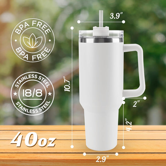 40 oz Tumbler with Handle Insulated Tumblers With Lid and Straw Large Travel Mugs Coffee Mug Reusable Stainless Steel Cup Fit for Car Cup Holder (White)