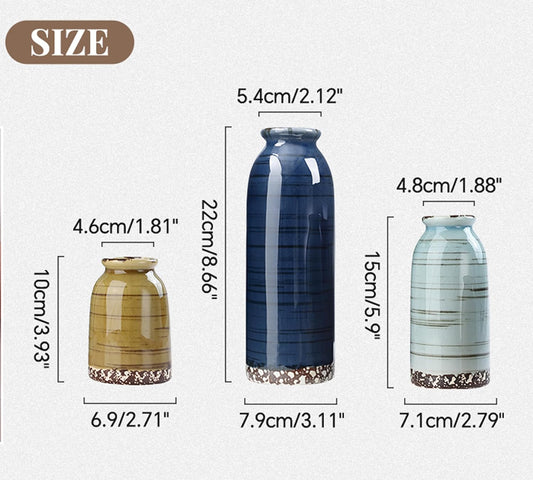 Ceramic Vase Set of 3, Glossy Glazed Surface 8.7" Tall Table Modern Farmhouse Decorative Small Flower Vase for Christmas Home Decor Bookshelf Living Room Bedroom Blue