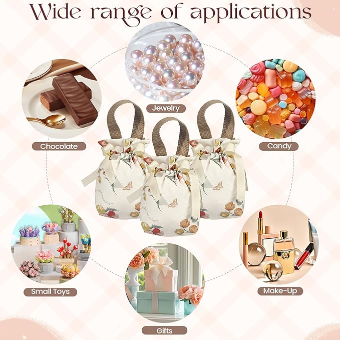 Liobelon Small Floral Gift Bags with Handles,8 Pieces Floral Canvas Drawstring Bags Small Candy Treat Bag Tea Party Favor Bag Jewelry Pouches for Women Wedding Birthday Party Supplies (Champagne)