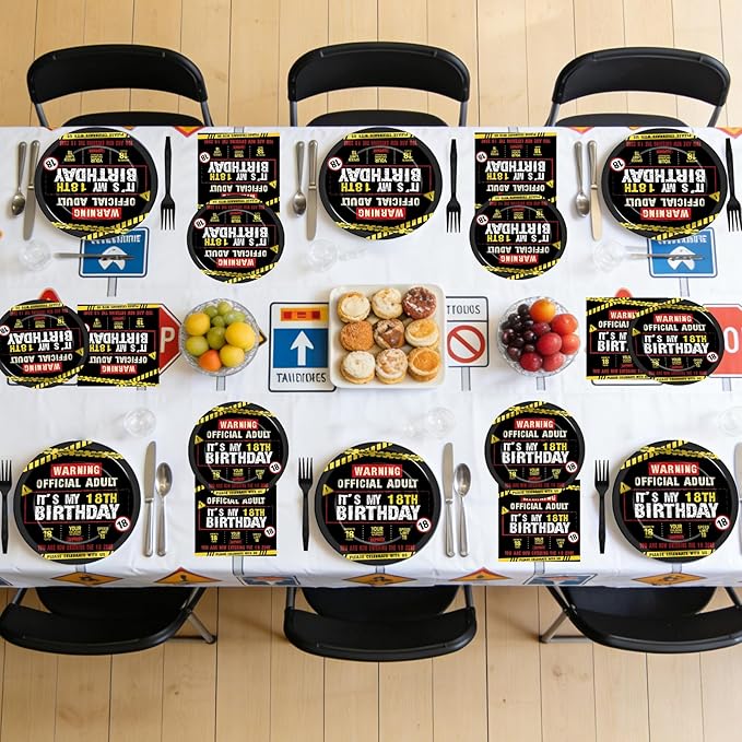 96 PCS Caution Logos 18th Birthday Party Paper Plates and Napkins 18 Years Old Party Decoration Warning Themed Official Adult 18th Dinnerware for Boys Girls 18 Year Old Birthday Gatherings Decorations