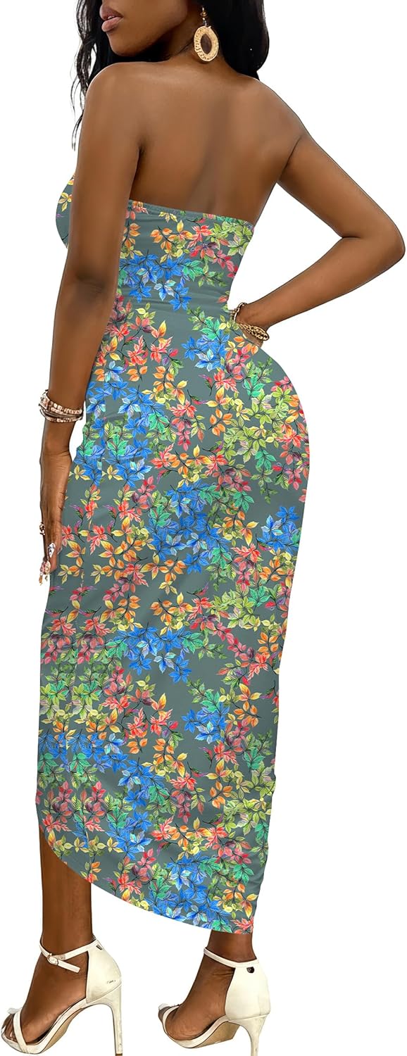 Umenlele Women's Strapless Ruched High Waist Wrap Split Asymmetrical Beach Maxi Long Dress