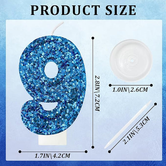 Zailo Birthday Number Candles, Glitter Number Candle Cake Decorations with Sequins, Cupcake Decorations for Girls, Women, Party Anniversary Celebrations (Number 9, Blue)