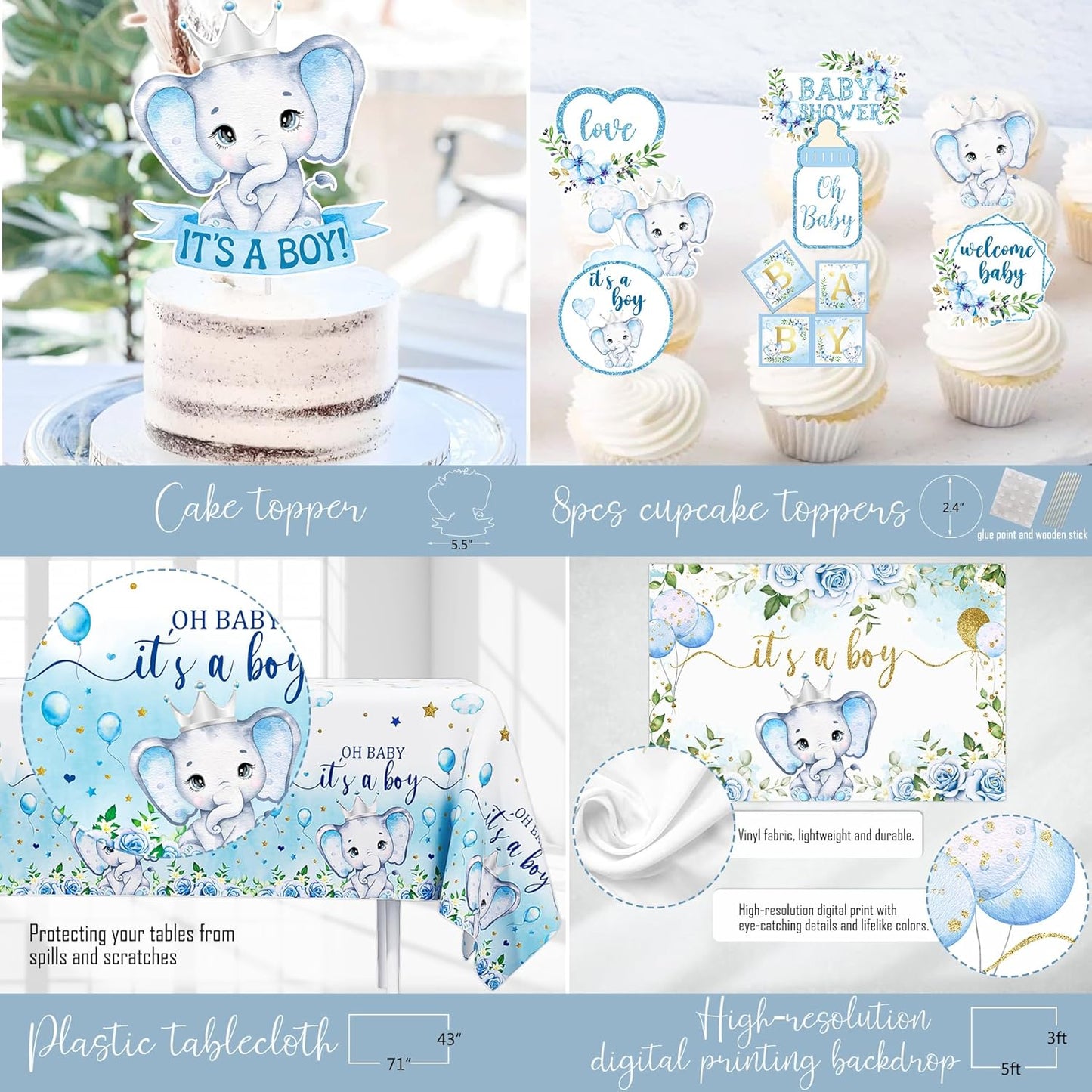 Elephant Baby Shower Decorations for Boy, Blue Elephant Baby Shower Party Supplies, It's a Boy Backdrop Tablecloth Elephant Balloon Arch BABY Box Mom to Be Sash Dad to Be Pin