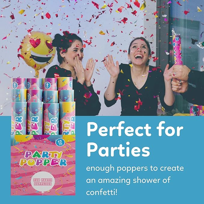 Confetti Poppers Confetti Cannon | 12 Pack | Glitter Multicolor | Party Poppers for Graduation, Birthday, Wedding | Alternative to Fireworks Smoke Bombs | Launches 25 ft | 12 inch | TUR Party Supplies