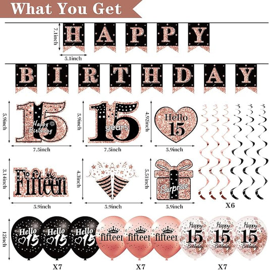 15th Birthday Decorations for Girls, 33pcs Black Rose Gold Happy 15th Birthday Banner 15 Birthday Crown and Sash Balloons Backdrop Hanging Swirls Paper Fans, 15 Years Old Party Supplies Kit