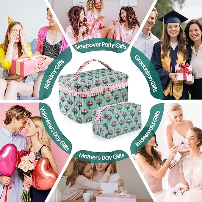 2Pcs Quilted Makeup Bag Set, Floral Boho Toiletry Bag Travel Essentials Gifts for Women Girls, Cute Flower Cosmetic Organizer Pouch Make Up Bags for Travel Bachelorette Party Favors (Pink - Ice Green)