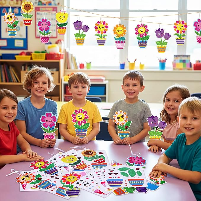Frienda 48 Set Spring Flower Craft Kit for Kids Make Your Own Flowers Pot Craft DIY Floral Paper Flowers Hanging Ornament Decorations for Mother's Day Spring Gifts Classroom Birthday Party Favors
