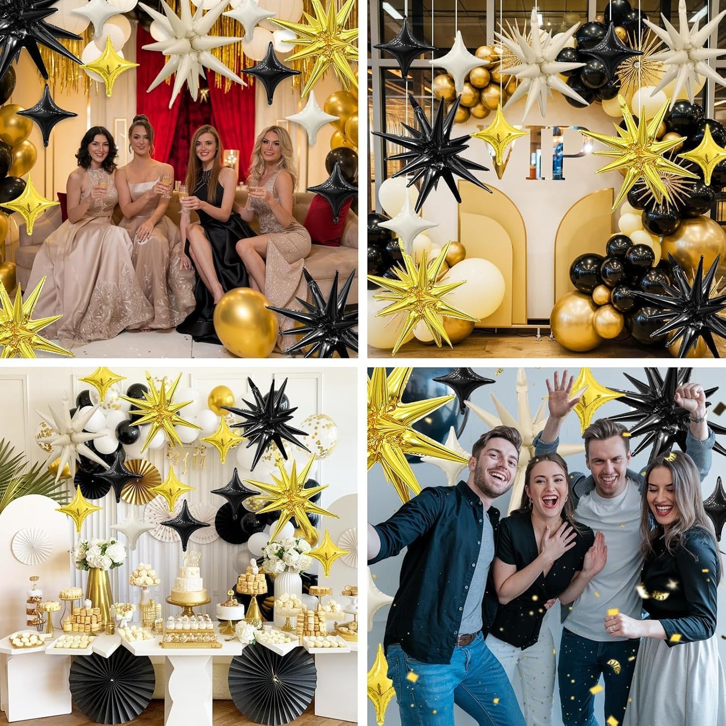 Black White Gold Star Balloon,Sand White Gold 6Pcs 22Inch Explosion Star Balloons and 10Pcs 10Inch Four Angle Balloons Kit for Birthday Anniversary Baby Shower Wedding Party Decorations
