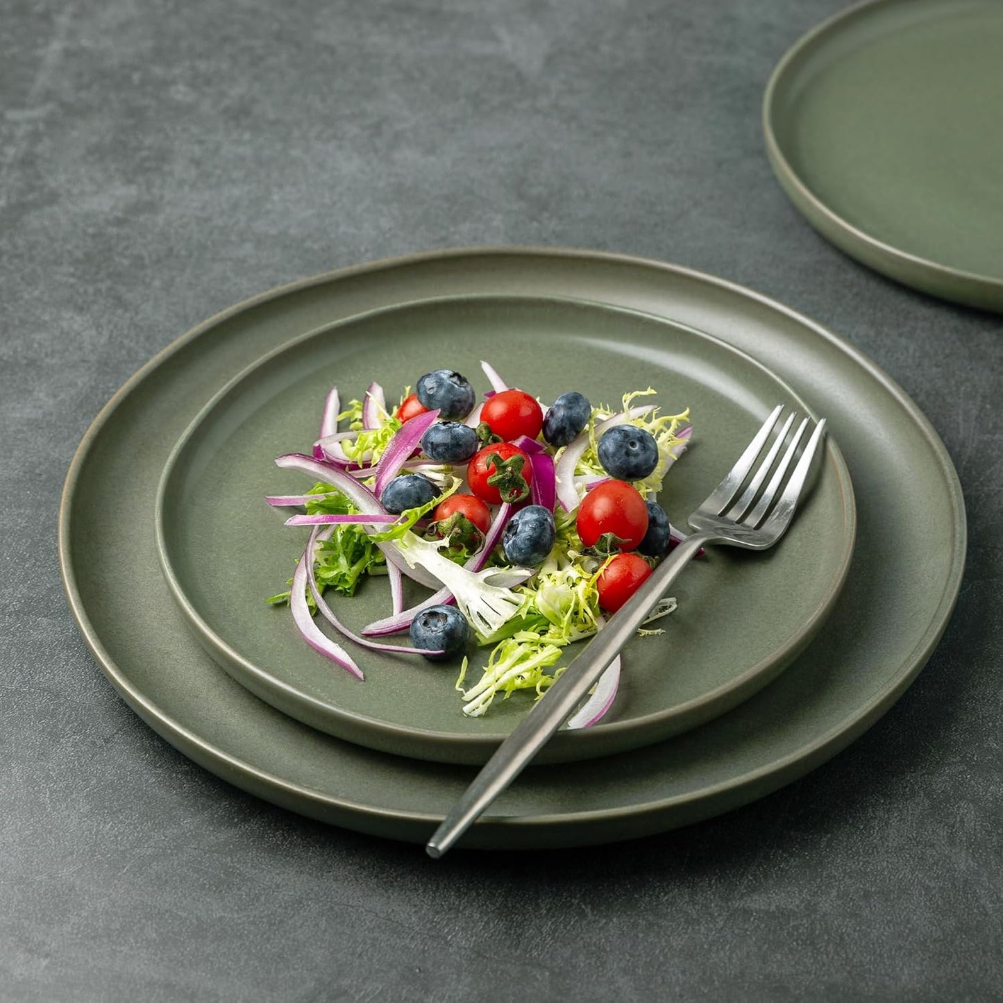 AmorArc Ceramic Dinner Salad Plates Set of 6, Wavy Rim 8.5 Inch Dish Set, The Dessert,Salad, Appetizer, Small Dinner etc Plate,Microwave, Dishwasher Safe, Scratch Resistant - Reactive Matte