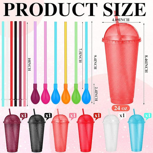 6 Set Slushie Cups with Dome Lids and Straws Detachable Spoon Straws Reusable Plastic Iced Coffee Cups Smoothie Tumbler for Birthdays Summer Party Supplies(Dark Colors,24 oz)