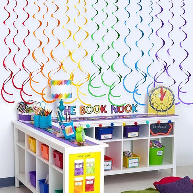 pinkblume 36Pcs Rainbow Hanging Swirl Decorations – Colorful Felt Spiral Ceiling Decor for Birthday & Party