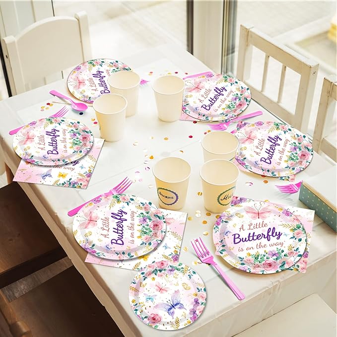 96Pcs Butterfly Baby Shower Party Supplies A Little Butterfly is On The Way Paper Plates Napkins Baby Girl Party Decorations Pink Floral Princess Girl Dinnerware Favor Tableware Serves 24