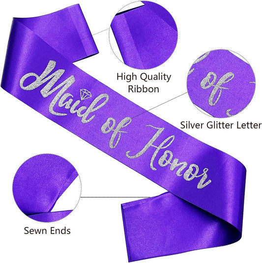 Maid of Honor Sash, Purple Sash with Silver Glitter Letter Bachelorette Party Sash for Bridal Shower Wedding Party Accessories Supplies Engagement Gifts