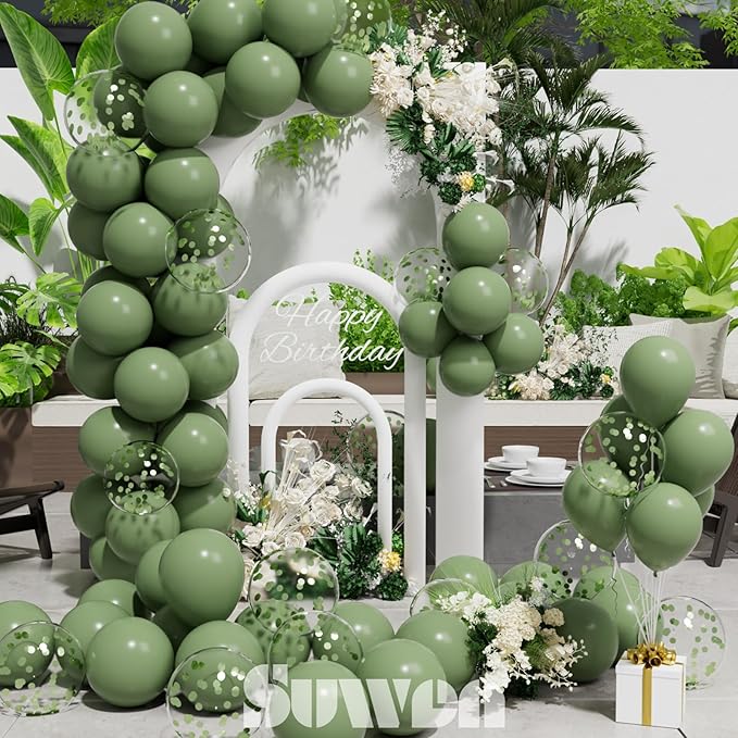 SUWEN Sage Green Balloons and Confetti Balloons Set 47PCS Latex Helium Olive Green Balloon for Birthday Anniversary Party Decorations