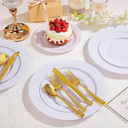 100PCS White Plastic Plates, 10 Inch Disposable Dinner Plate Party, Heavy Duty Disposable Plastic Plates for Party, Wedding and Birthday