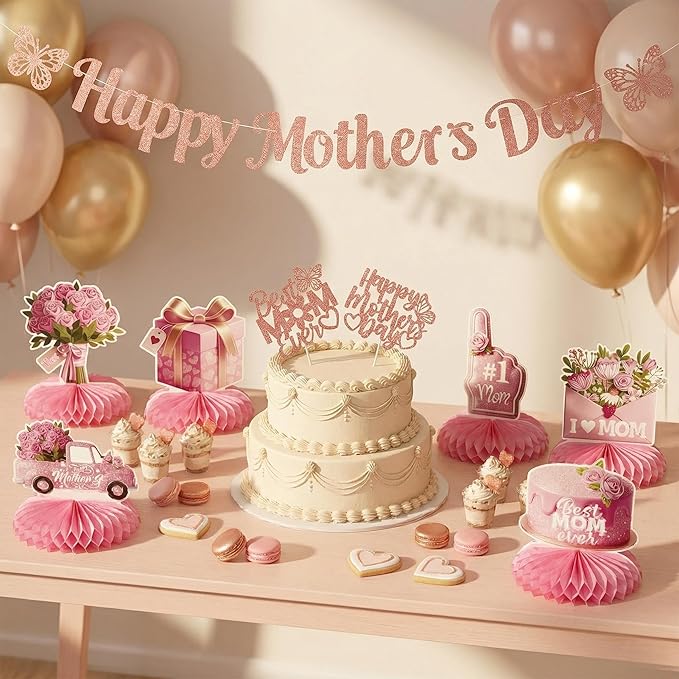 Happy Mother's Day Decorations Set, Happy Mothers Day Banner Cake Toppers Rose Gold Glitter Mothers Day Decor Table Honeycomb Centerpieces for Mothers Day Party Table Decor Supplies