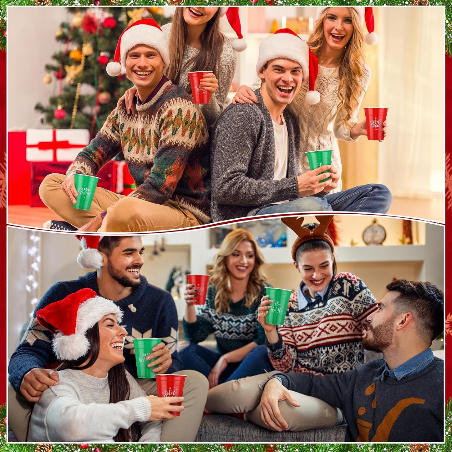 Sliner 60 Pcs 16 oz Christmas Plastic Disposable Cups Bulk Snowflake Elk Star Christmas Tree Drinking Cups for Xmas Birthday Party Supplies