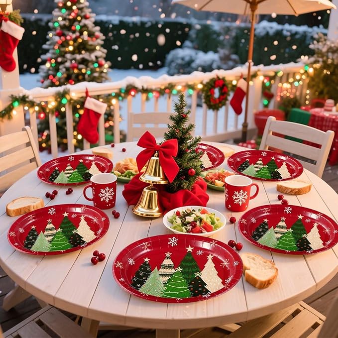 Grencian 50Pcs Christmas Oval Paper Plates 10" x 12" Large Disposable Heavy Duty Red Multiple Pine Trees Paper Platters Vintage Plate Tree Dessert Plates for Christmas Picnic Holiday Party Supplies
