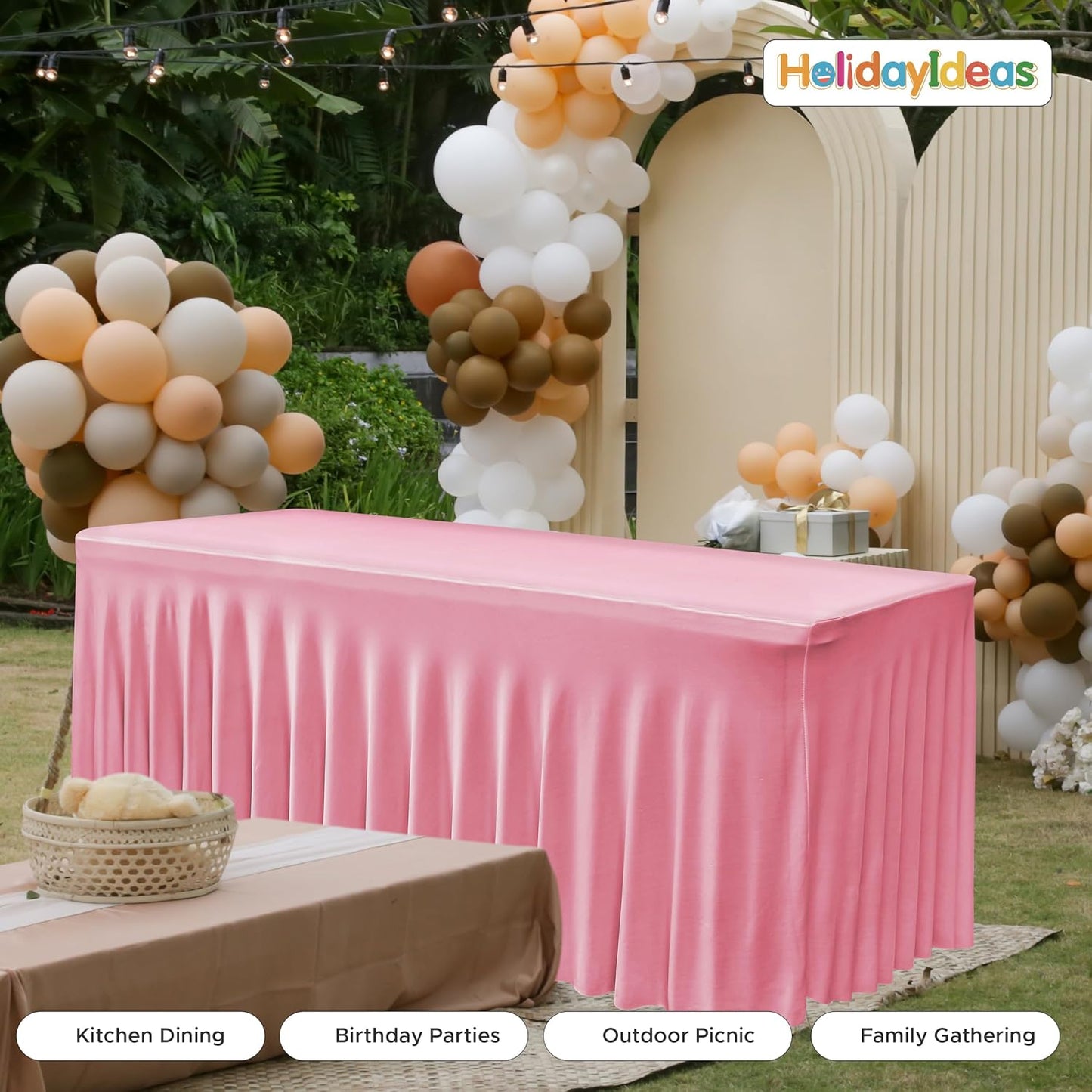 HolidayIdeas Spandex Table Skirts for Rectangle Tables 8 Ft, Fitted Stretch Table Cover 30x96 Inch, Wrinkle-Free Ruffle Design Tablecloths for Banquets,Trade Shows, Parties, Events, 4 Pack, Pink