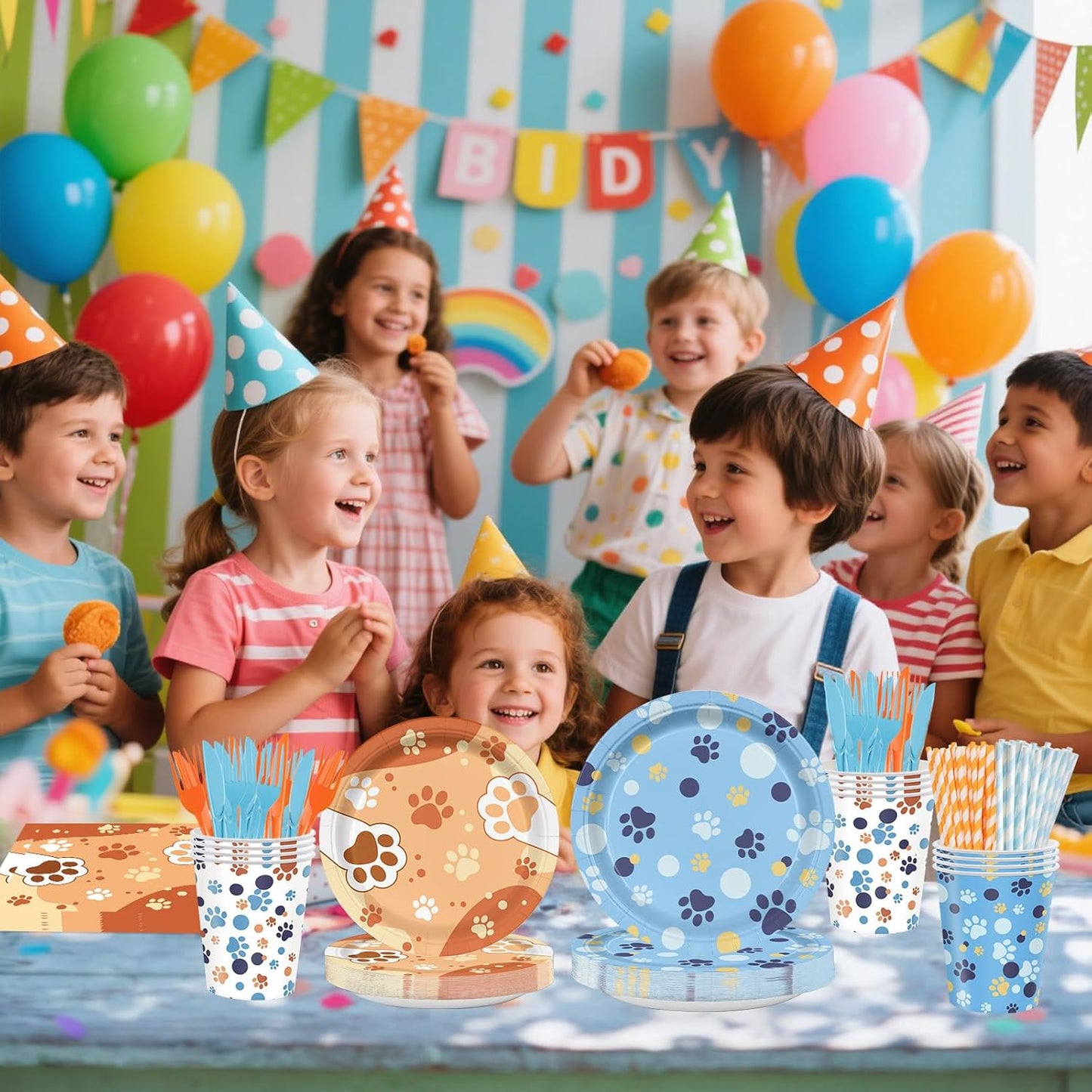 168Pcs Blue Orange Dog Birthday Party Supplies for Boys Girls Kids 1st 2nd Cartoon Puppy Babyshower Party Decorations Paw Paper Plates Napkins Cups Forks Knives and Straws Tableware Serve 24 Guests