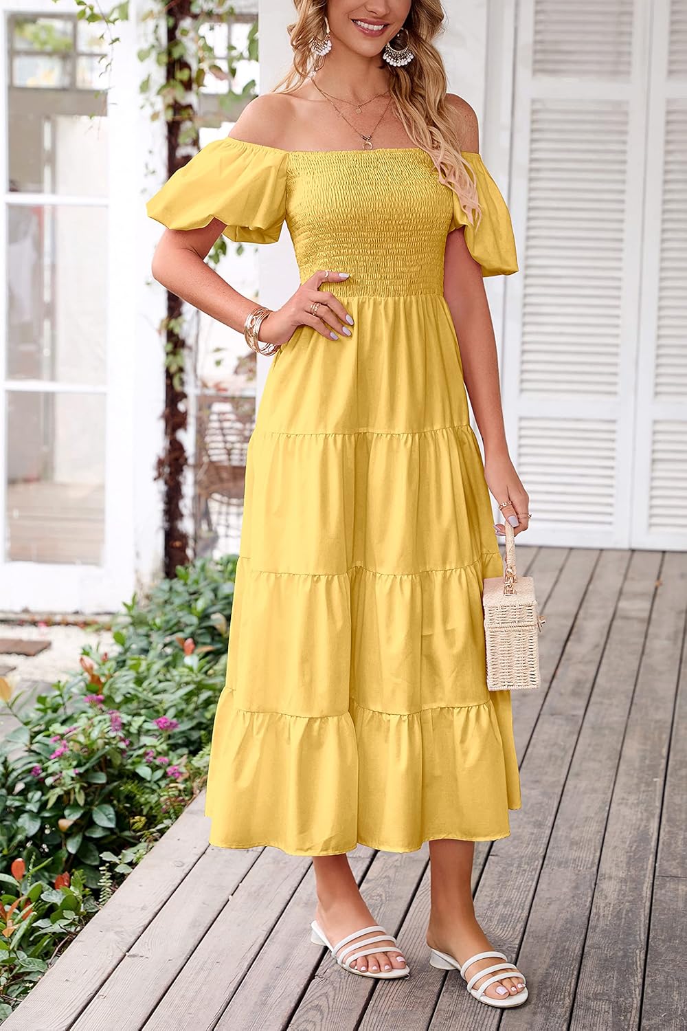 PRETTYGARDEN Women's Casual Summer Midi Dress Puffy Short Sleeve Square Neck Smocked Tiered Ruffle Dresses