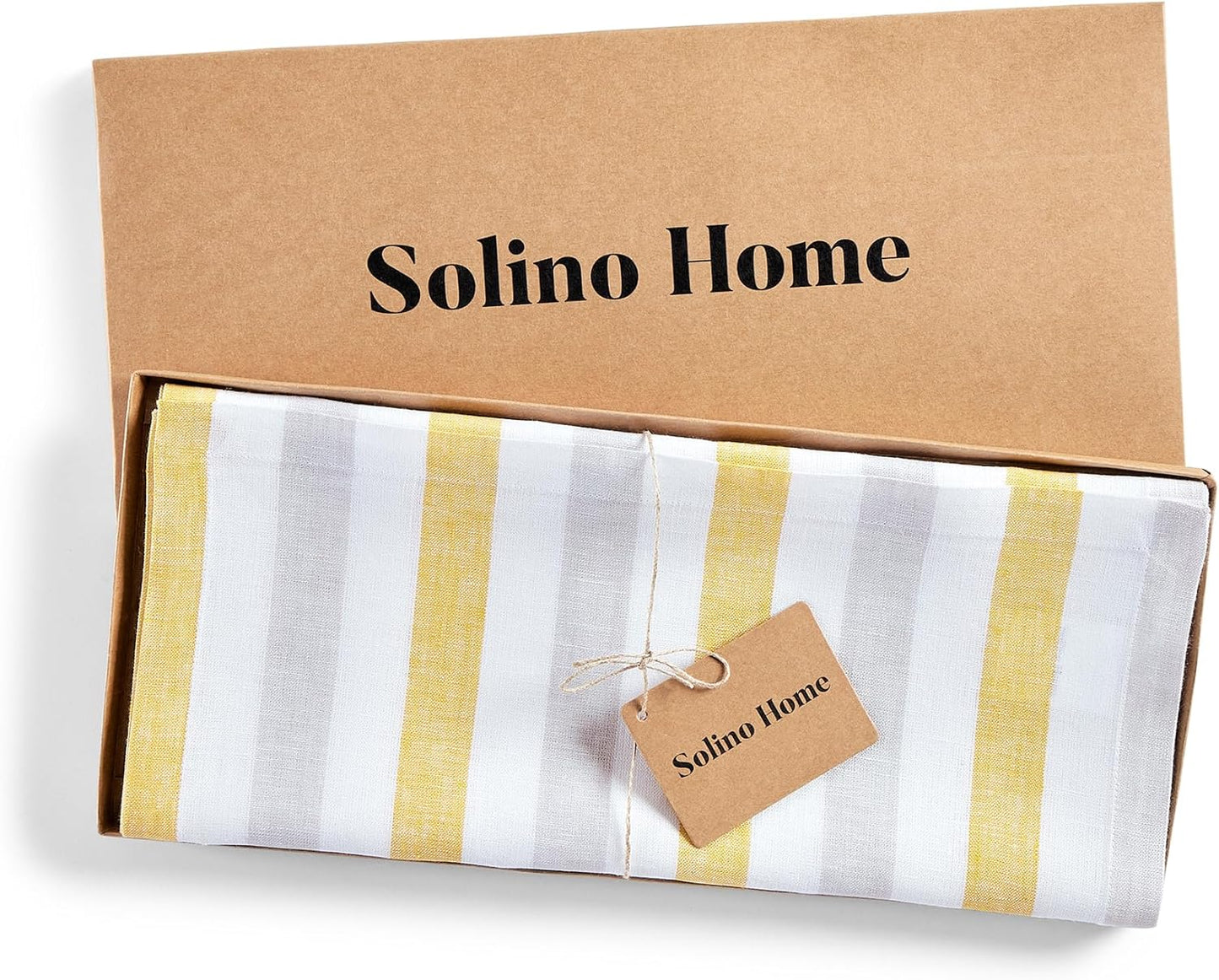 Solino Home Linen Table Runner 108 Inches Long - Sorrento Stripe, 100% Pure Linen Yellow and Grey Table Runner 14 x 108 Inch for Dining
