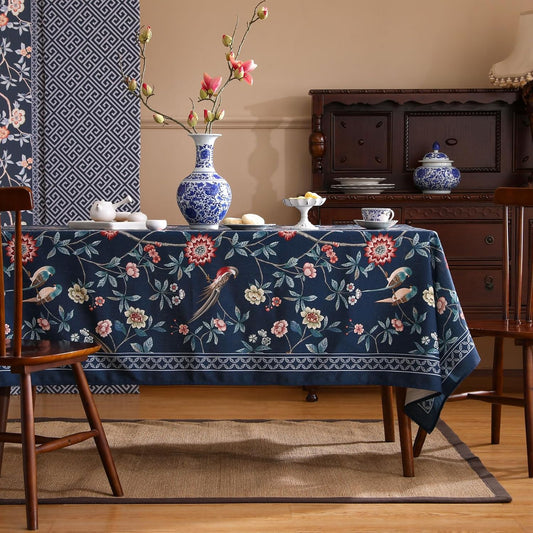 patdrea Designer Vintage Dark Blue Linen Rectangular Tablecloth,Navy French Floral and Birds Pattern Table Cloth,Decoration Table Cover for Kitchen,Dining,Tea Party,Home,Christmas,63"*94"