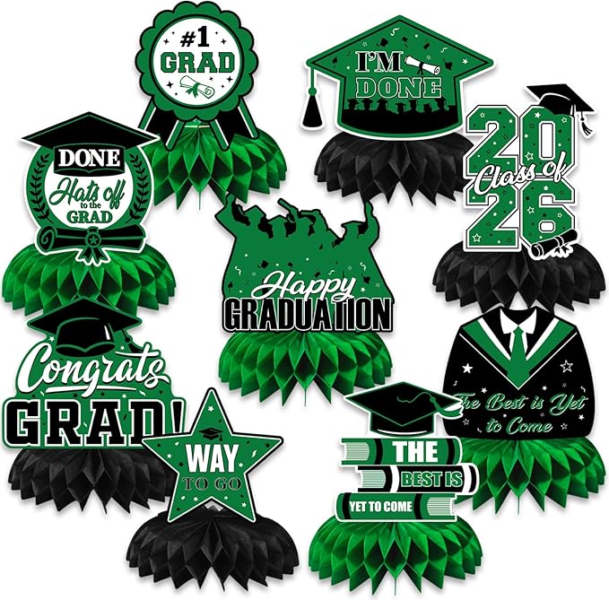 Graduation Table Decorations 2026,Green Graduation Centerpieces for Tables, 9Pcs Honeycomb Centerpieces, 3D Congrats Grad Table Toppers for Grad Party Decorations, Class of 2026 Decor
