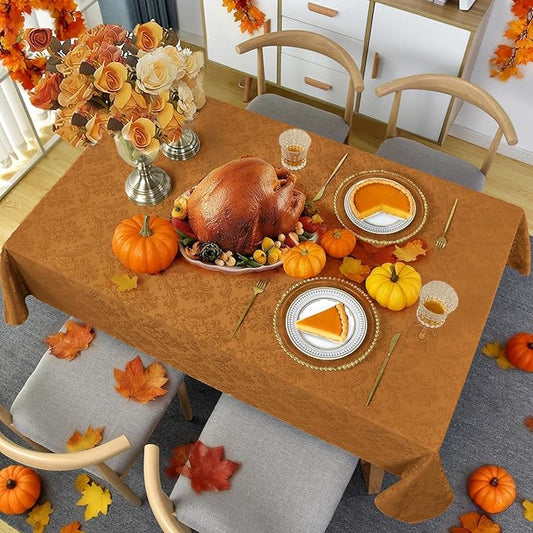 SASTYBALE Thanksgiving Tablecloth - 60 x 120 Inch Brown Jacquard Tablecloths Rectangle Damask Design Spillproof Table Cloth Polyester Oblong Table Cover for Kitchen Dinning Party Tabletop