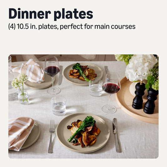 Amazon Basics Glazed Stoneware Dinner Plates, 4-Piece Set, Microwave and Dishwasher-Safe, 10.5 in., Linen Gray