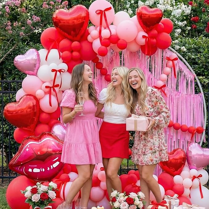 Galentine's Day Decoration Valentine's Day Balloon Arch Kit - 153Pcs White Pink Red Heart Balloons & Red Lip Foil Balloon Garland with Red Ribbon for Mother's Day, Wedding, Birthday Party Decorations