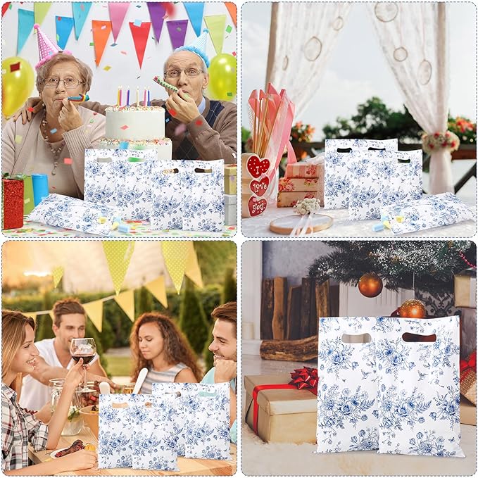 100 Pcs Wildflower Gift Bags Vintage Wildflower Party Favor Bag with Handle Plastic Goodie Candy Treat Gift Wrapping for Wedding Baby Shower Birthday Party Favors Supplies(Blue Floral)