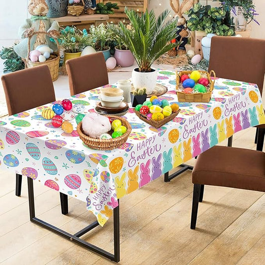 2 Pcs Happy Easter Table Cloth - Plastic Bunny Eggs Tablecloth, Disposable Rectangle Spring Floral Table Cover for Easter Home Dining Kitchen Activity Party Decorations Tables Decor, 108 x 54 Inch