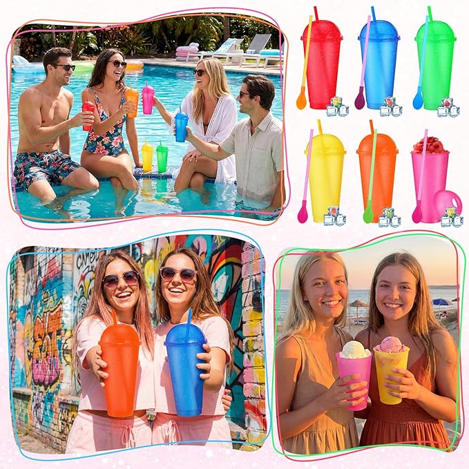 6 Set Slushie Cups with Dome Lids and Straws Detachable Spoon Straws Reusable Plastic Iced Coffee Cups Smoothie Tumbler for Birthdays Summer Party Supplies(Light Colors,24 oz)