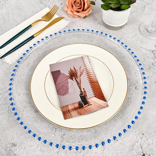 24 PCS Clear Round Charger Plates with Beaded Rim, 13 Inch Plastic Acrylic Plate, Plastic Round Beaded Dinner Decorative Service Plates for Wedding Party Event, Home Kitchen Tabletop(Royal Blue)