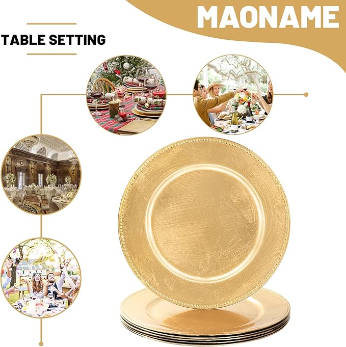 MAONAME Foil Gold Charger Plates with Beaded, 13" Plate Chargers for Dinner Plate, Plastic Round Chargers for Table Setting, Set of 6