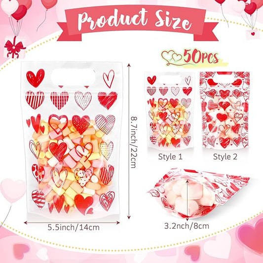 Blosssound 50 Pcs Valentine's Day Gift Bags Valentines Standing Plastic Reusable Red Heart Bag with Handles Galentines Day Wrapping Pouch for Classroom Wedding Birthday Party Favor (Mixed Valentines)