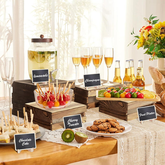 6 Pcs Buffet Risers with Mini Signs, Rustic Wood Cake Stands, Food Risers for Buffet Table, Dessert Display Stand, Wood Crates, Rustic Cake Stand for Party, Wedding, Birthday, Baby Shower, 3 Sizes
