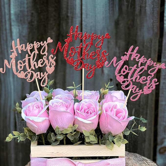12 PCS Happy Mother's Day Centerpiece Sticks Double Sided Glitter Love Mother Best Mom Centerpieces for Happy Mother's Day Theme Table Flower Decorations Women Birthday Party Supplies Colorful