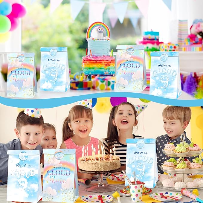 Inshinern Rainbow Clouds 9th Birthday Party Favors We're on Cloud Nine Birthday Goodie Bag Candy Treat Bags for Women Rainbow Themed Party Decor Engagement Party Supplies(12 Pcs)